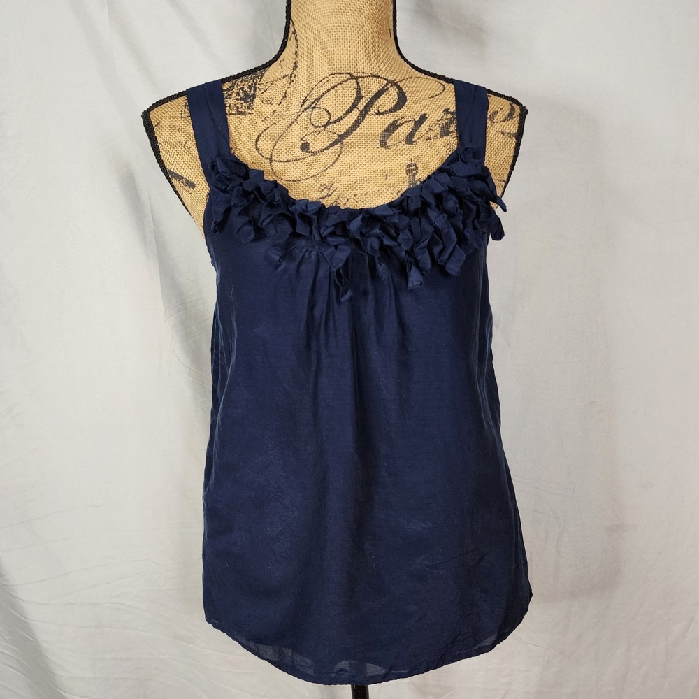 Ann Taylor LOFT Size Small Silk Blend Navy Ruffle Scoop Neck Cami Tank Blouse